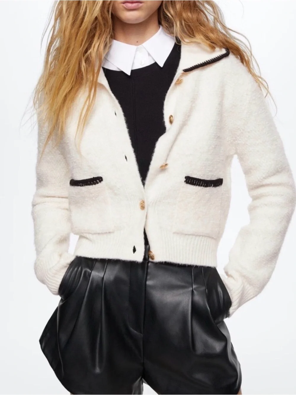 Mango Cream Knit Cardigan with Black Trim